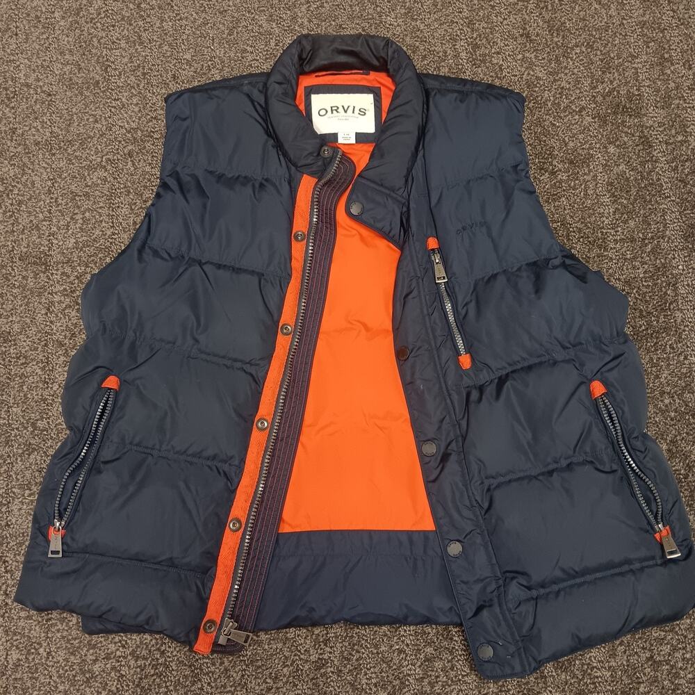 Orvis Essex Down Puffer Vest Mens Large Navy Blue Full Zip Cinchable Waist